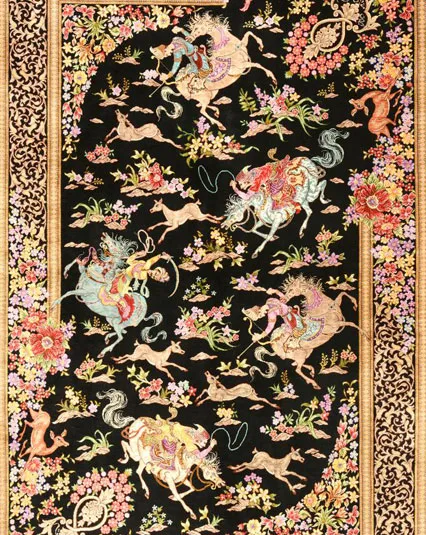 Bildteppich Ankauf Hamburg - Perserteppich mit floralen Darstellungen auf schwarzem Grund