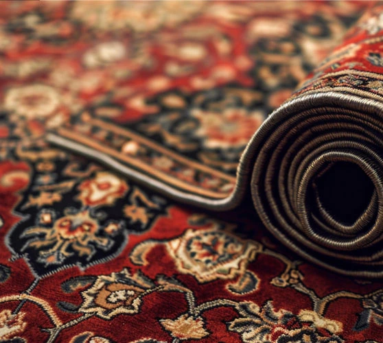 Ein aufgerollter, bunt gemusterter Teppich mit roten, schwarzen und beigen Tönen, der traditionelle Blumenmuster zeigt.