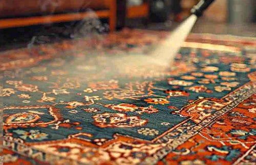 Ein Orientteppich wird mit einem Dampfreiniger gereinigt, wobei der Dampf deutlich sichtbar ist.