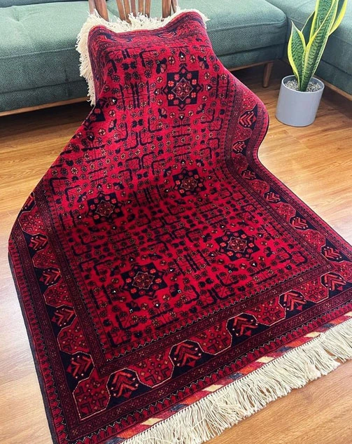 Ein roter, reich gemusterter Teppich mit Fransen liegt teilweise über einem Stuhl in einem Wohnzimmer mit Holzboden, einer grünen Couch und einer Pflanze im Hintergrund.