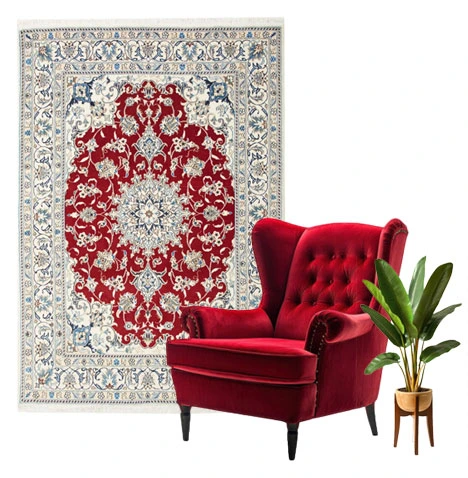 Ein roter Samtsessel, eine Zimmerpflanze in einem Topf und ein orientalischer Teppich mit roten und weißen Mustern auf beigefarbenem Hintergrund.