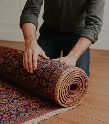 Eine Person rollt einen orientalischen Teppich auf einem Holzboden aus.