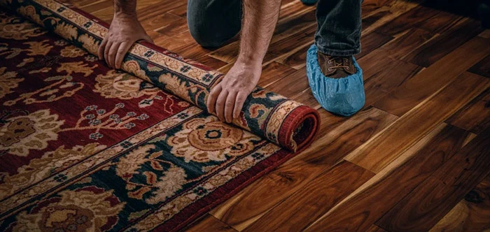 Eine Person rollt einen orientalischen Teppich mit floralen Mustern auf einem Holzboden zusammen und trägt blaue Überschuhe.