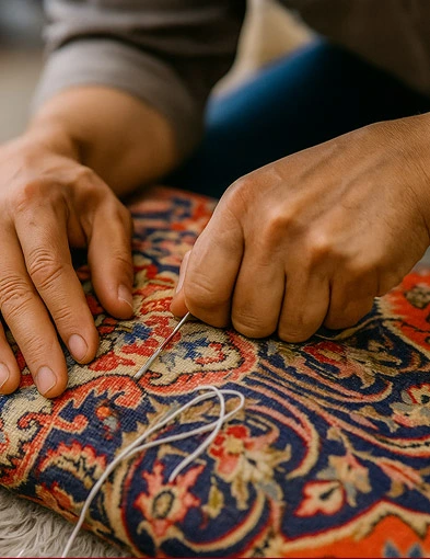Nahaufnahme von Händen, die mit Nadel und Faden einen farbenfrohen, gemusterten Teppich reparieren.