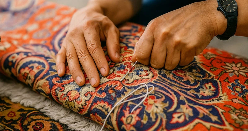 Nahaufnahme von zwei Händen, die eine traditionelle, bunt gemusterte Orientteppich-Webreparatur durchführen.