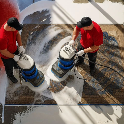 Zwei Männer in roten T-Shirts reinigen einen großen Teppich mit Maschinen, während Schaum darauf verteilt ist.